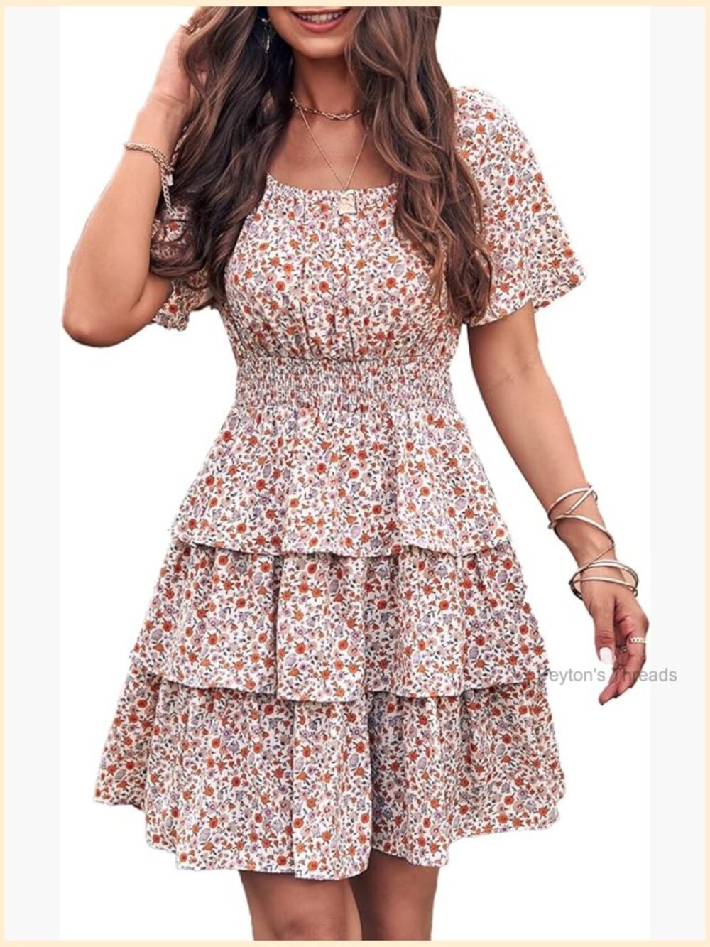 Floral Square Neck Tiered Ruffle Boho Swing Mini Dress Short Sleeve